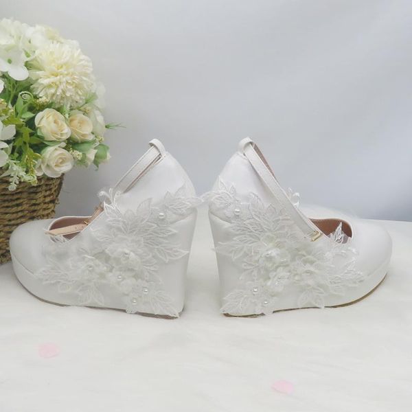 

dress shoes baoyafang 2021 arrival white flower wedges round toe wedding high heels ladies fashion woman ankle strap pumps, Black