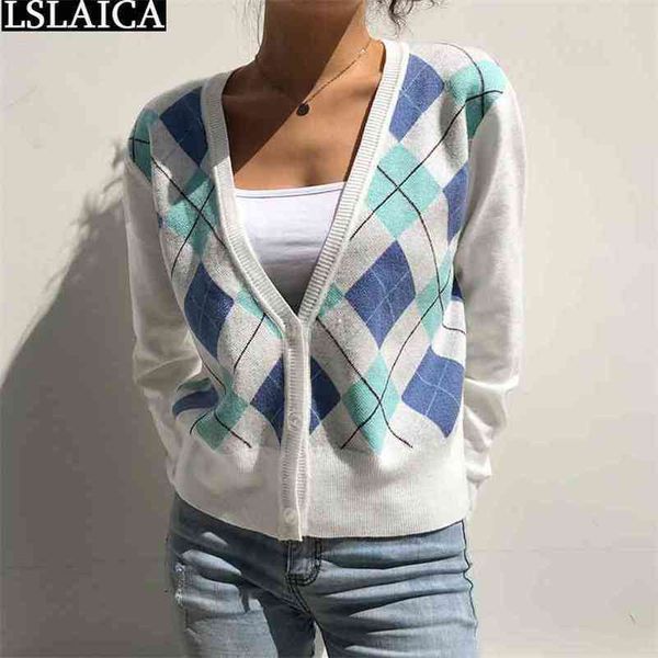 

vintage plaid woman sweaters autumn long sleeve v neck ladies fashion single breasted female casual sweater sueter mujer 210515, White