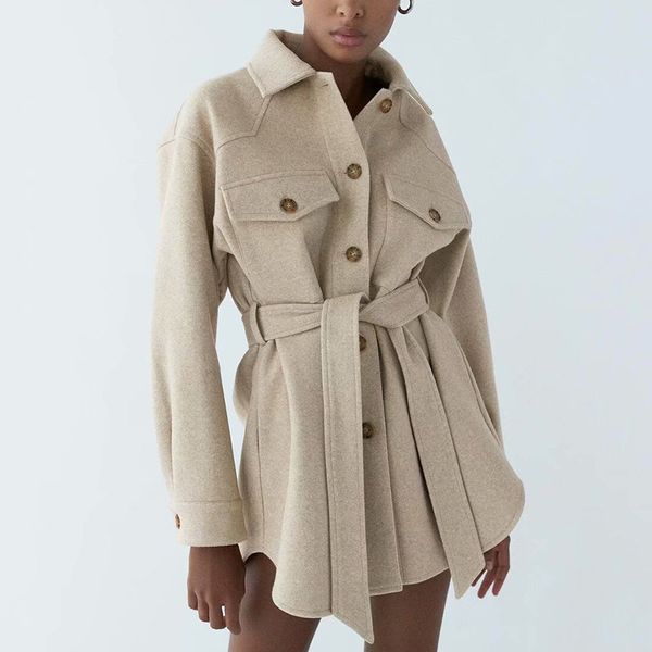 

blsqr fashion with belt loose woolen jacket coat women vintage long sleeve pockets female outerwear chic overcoat 210430, Black;brown
