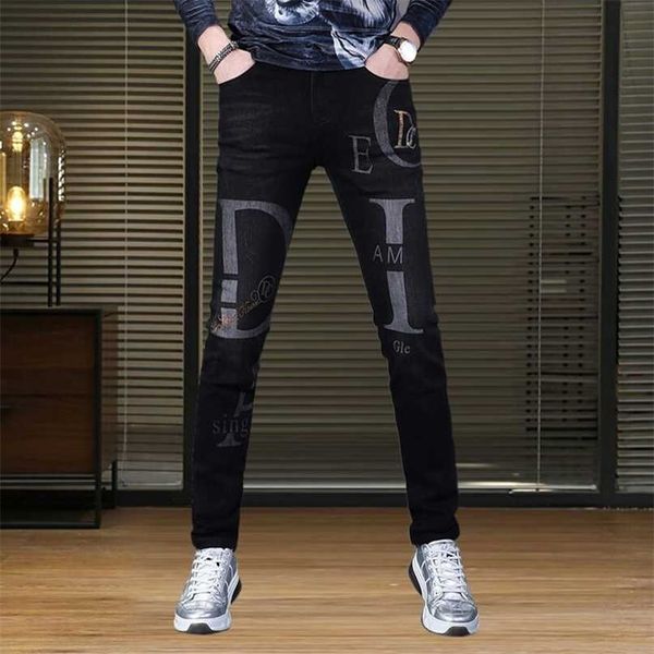 

mens prints stretch denim pants,light luxury diamond embroidery slim-fit black jeans,street fashion casual jeans; 211108, Blue