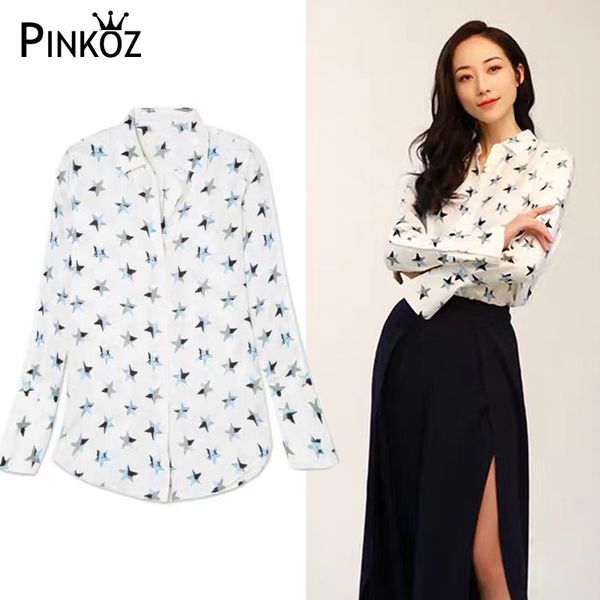 

spring fashion celebrity women office blouses crepe star print long sleeved v neck blouse shirt blusas mujer de mo 210421, White