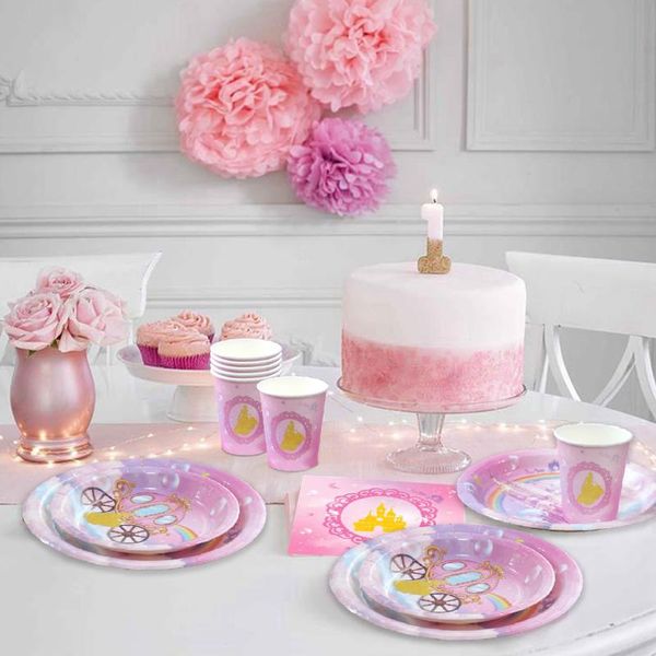 

disposable dinnerware princess castle pink tableware plates cup wedding birthday party decor baby shower girl 1st supplies