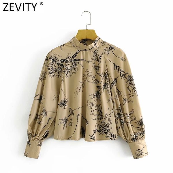 

zevity women vintage stand collar flower print smock blouse ladies business shirt chic femme back buttons blusas ls7500 210419, White