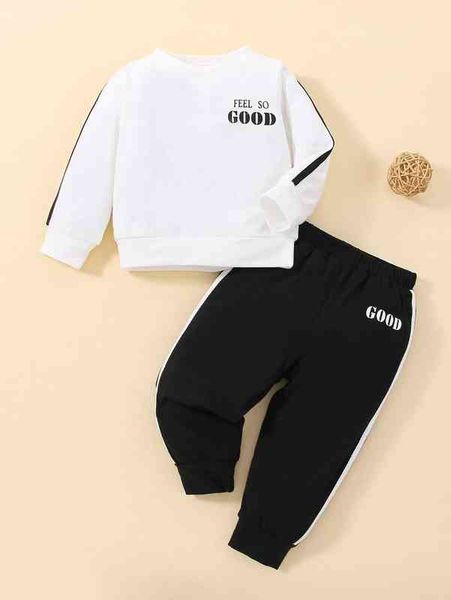 

baby slogan graphic contrast side seam sweatshirt & sweatpants she, White
