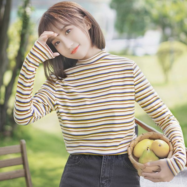 

t shirt spring and autumn color stripe inside female student long sleeve t-shirt with half high collar, White