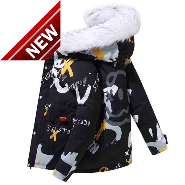 

2021 new winter fur collar hooded white duck down jackets men's youth warm parkas autumn casual thick coats plus size s-3xl, Black