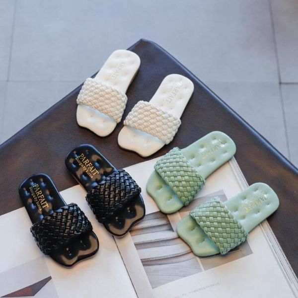 

slipper 2021 summer girls woven slippers beach shoes fashion candy colors outdoor knitted sandals size 26-36, Black;grey