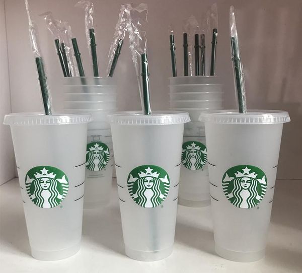 

starbucks 24oz/710ml plastic tumbler reusable clear drinking flat bottom cup pillar shape lid straw mugs bardian
