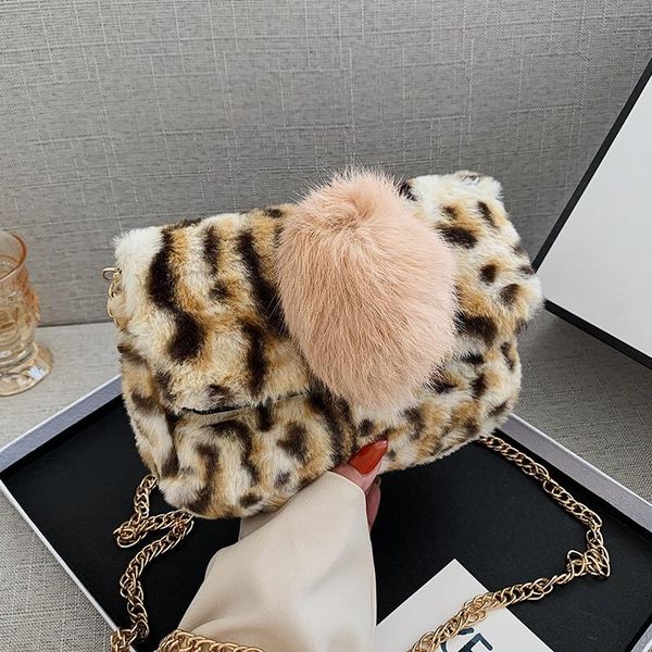 

duffel bags 2021 fashion women's leopard handbags winter faux fur crossbody wallet purse chain shoulder bag lady handbag