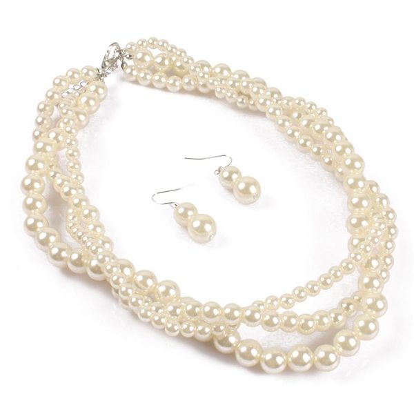 

earrings & necklace imitation pearl earring set handmade beaded multilayer elegant collarbone chain neck jewelry, Silver