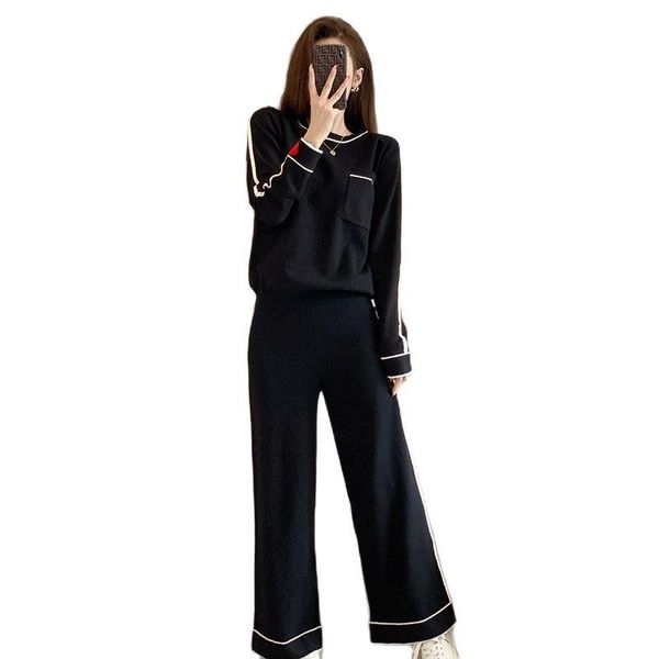 

women's two piece pants casual knitted suit 2021 autumn and winter love pullover sweater + wide leg two-piece fashion clothing, White