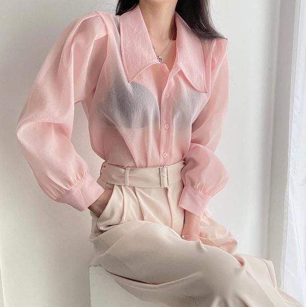 

ethnic clothing 2021 season temperament lapel single-breasted loose wild micro-transparent thin puff sleeve sunscreen shirt women, Red