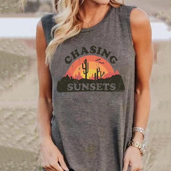 

letter print sunset womens camis vest summer sleeveless tee casual o neck female shirts gray, White