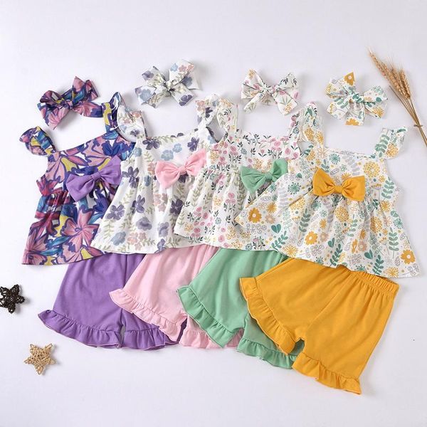 

clothing sets baby kids clothes girls outfits children sleeveless bow flower print +shorts+headband set outfit summerclothing pour enfan, White