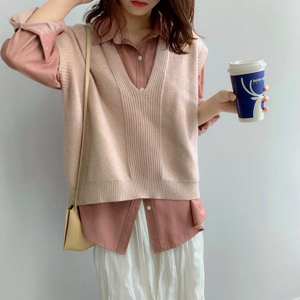 

women's vests 2021 early spring loose casual vest v-neck knitted sweater women f932, Black;white