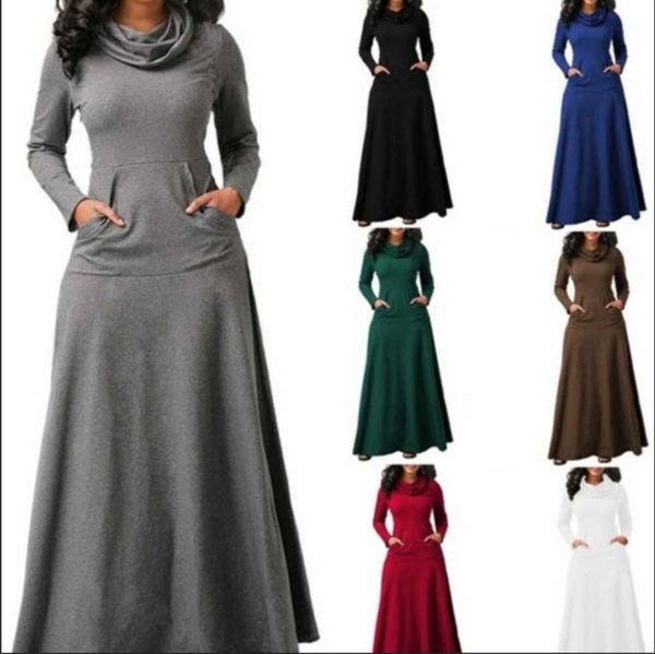 

casual dresses autumn and winter solid color stitching pocket bib swing long drs, Black;gray