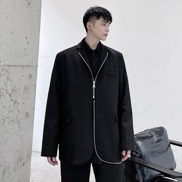 

male japan streetwear harajuku black suit coat stage clothing men zipper design casual loose blazers jacket men's suits &, White;black