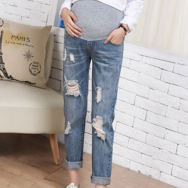 

women's jeans pregnant women straight denim pants with pocket washed ripped comfy street ladies maternity slim trousers #g2, Blue