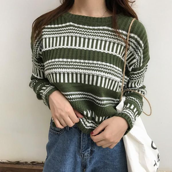 

women's sweaters 2021 autumn retro striped knitted women korean casual o neck split hem chic pullovers female harajuku loose sweater to, White;black