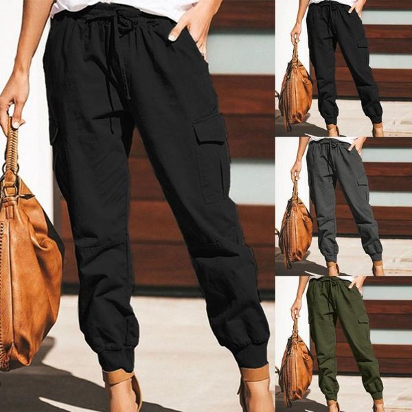 

women's pants & capris simple loose cargo elastic waist ankle tied solid color drawstring, Black;white