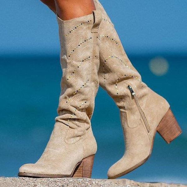 

boots women knee high chaussure booties gladiator heels shiny crystal deco shoes woman zapatos mujer sapato h495, Black