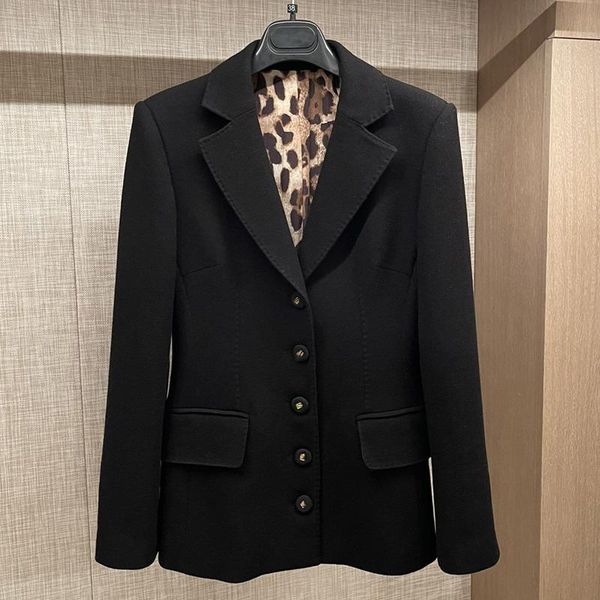 

women's wool & blends fashion runway coat ladies blazer silk leopard lining 2021 autumn winter jacket, Black