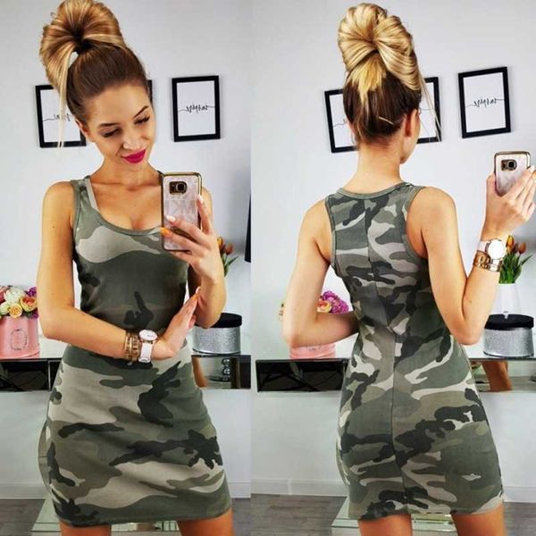 Donne di Modo di estate Vestito Dal Carro Armato Sexy Slim Casual Camouflage Militare O-Collo Stampa Splice Impero Mini Abiti Abiti 210527