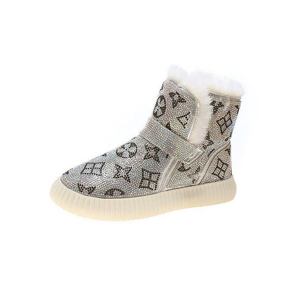 

boots 2021 women winter snow female blingbling fashion luxurious warm shoes rhinestones diamonds flat plush leopard, Black