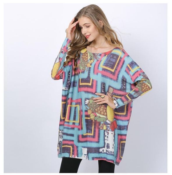 

fashion women geometry printed sweater batwing sleeve jumpers knitwear autumn winter pullovers knitted sweaters women's, White;black