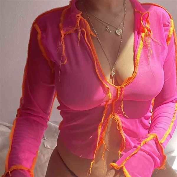 

mesh see through long sleeve t-shirts deep v neck front split women crop fashion summer female streetwear 210603, White