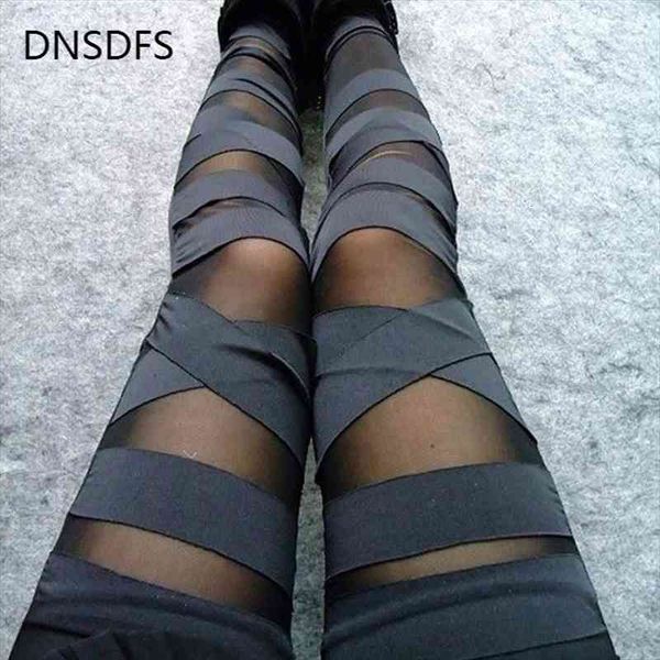 

Spring Summer Legging Sexy See Through Stripe Cross Tie Up Nine Point Bodycon Women Leggings Black Slim Bandages Leggings