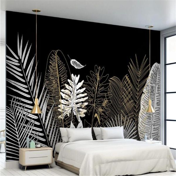 Wallpapers Milofi Personalizado 3D papel de parede preto e branco esboço estilo dourado tropical florestal coqueiro árvore nórdica tv fundo parede