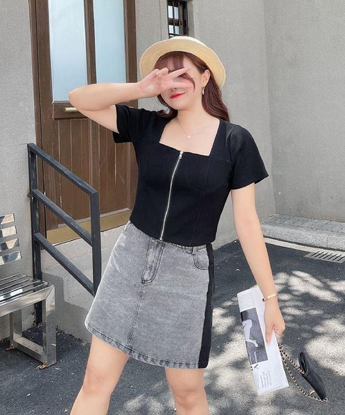 

plus size pants women skirt jean skirts oversize versatile style preppy a-line knee-length grey patchwork fashion clothes