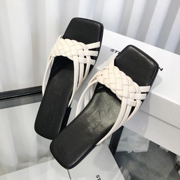 

slippers donna-in 2021 summer weave slides women natural soft sheepskin beach sandals handmade designer shoes square toe, Black