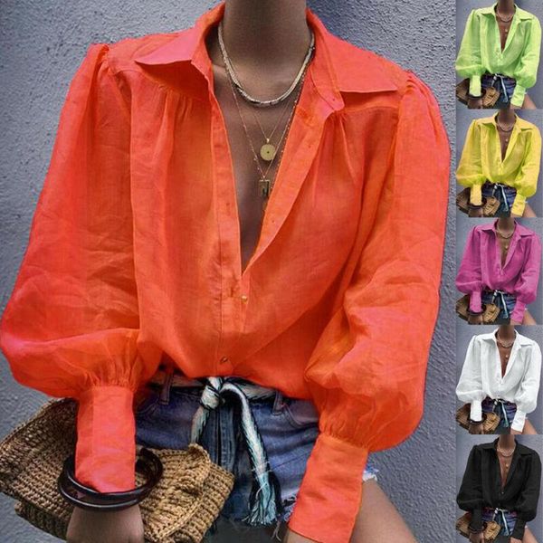 

women's blouses & shirts spring autumn ladies long sleeve solid shirt pullover casual loose v neck button sweatshirt women jumper plus, White