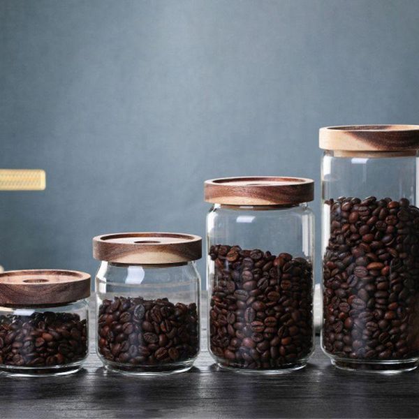 

storage bottles & jars glass tanks sealed with wood cover kitchen food grains coffee beans tea transparent jar products