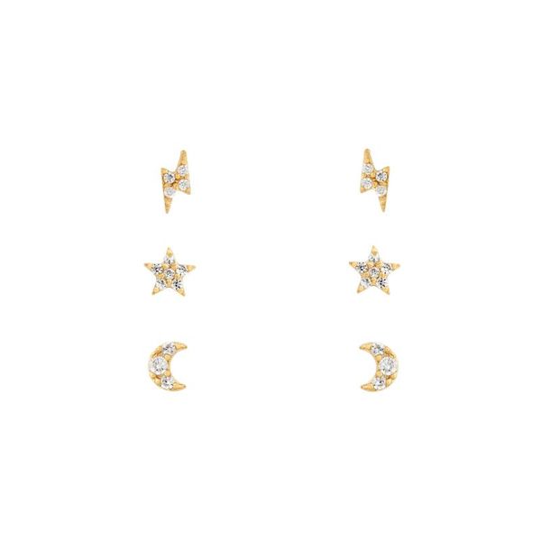 

set of 3 pairs minimal minimalist simple small stud earring 925 sterling silver moon star bolt mini sets, Golden;silver