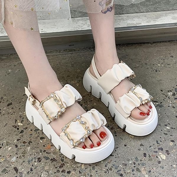 

sandals rimocy fashion crystal buckle platform women pu leather comfort thick bottom sandalias mujer casual open toe roman shoes, Black