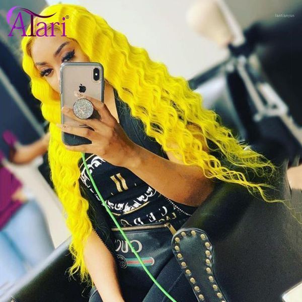 

yellow pink wig deep wave lace front honey blonde human hair transparent frontal peruvian virgin atari1, Black;brown