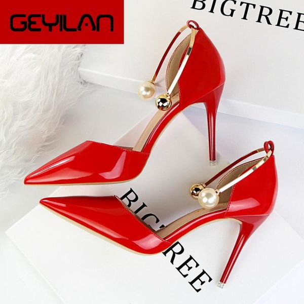 

women pearl thin heels metal summer elegant pumps patent leather shallow pointed sweet sandals high shoes a923-13, Black