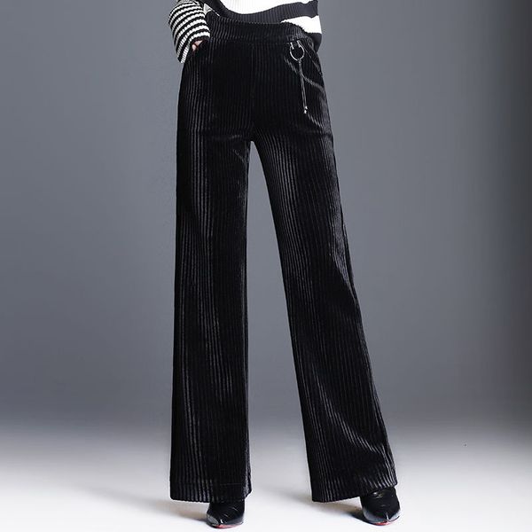 

capris autumn winter women wide legged lady from office high waist loose velvet stripe vertical plus size straight pants d361, Black;white