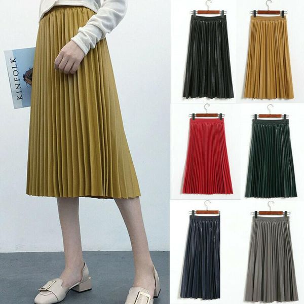 

skirts women skirt spring autumn long midi pleated stretch high waist casual, Black
