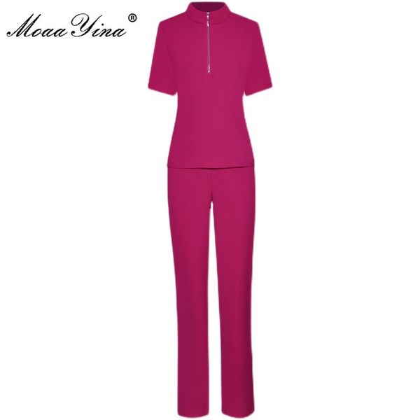 

fashion designer solid pant set summer women short sleeve stand-up collar and high waist long pants two-piece suit 210524, White