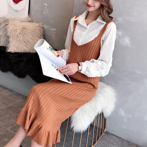 

women's sweaters camisole dress v-neck spring and autumn in the long paragraph wild bag hips lazy wind knit fishtail skirt, White;black