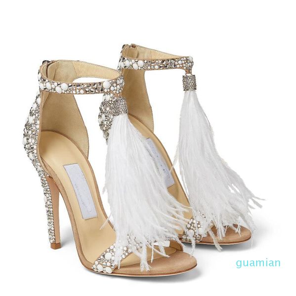 

focus bride wedding sandals dress shoes pearls & strass viola white suede fix crystal embellished high heels feather tassel pumps, Black