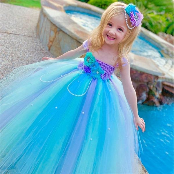 

girls mermaid pearl flower tutu girl dress kids crochet tulle ball gown with hairbow children birthday party costume dresses, Red;yellow