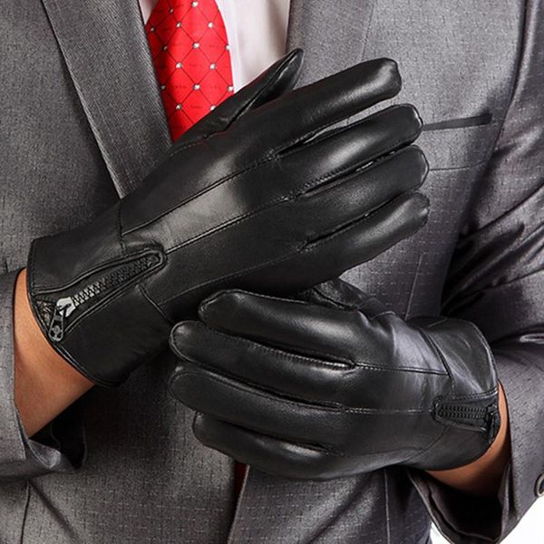 Fingerlose Handschuhe Valpeak 2021 Echtes Leder Winter Männlich Halten Warm Anti-Skip Herren Schaffell Schwarz mit Reißverschluss