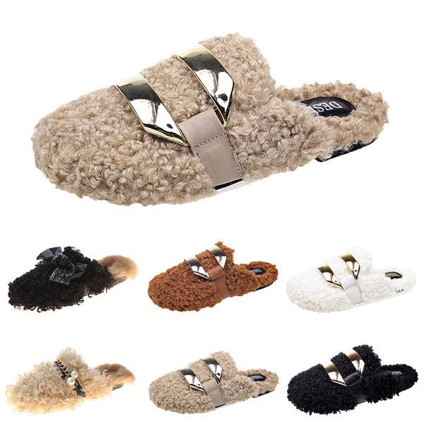 

ale autumn winter womens slippers metal chain all inclusive wool slipper for women outer wear plus big szie muller half drag shoes eur 35-40, Black