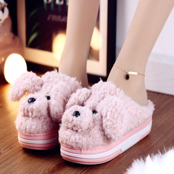 

autumn winter cotton slippers fur dog home warm thick bottom indoor shoes womens cute fluffy cat, Black