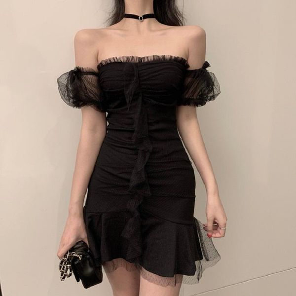 

summer ins harajuku slash neck mesh female ulzzang retro high waist strapless a-line solid casual fashion dress party dresses, White;black